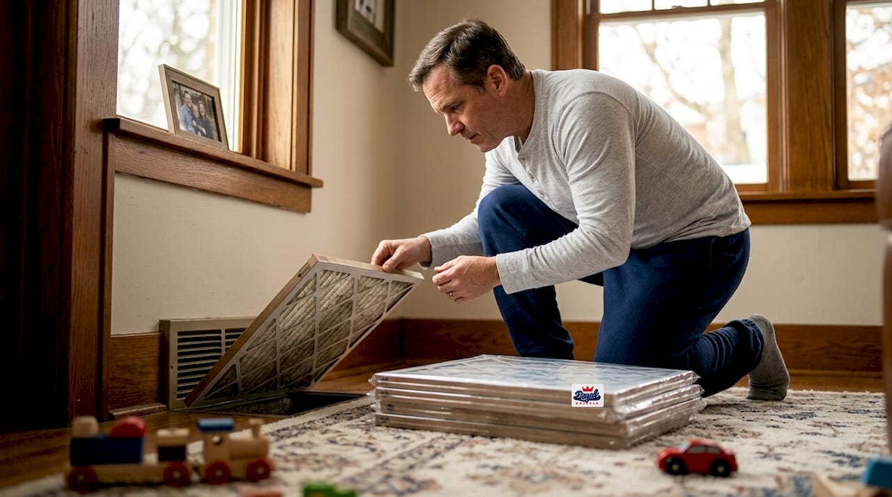 Man changing HVAC air filter at home