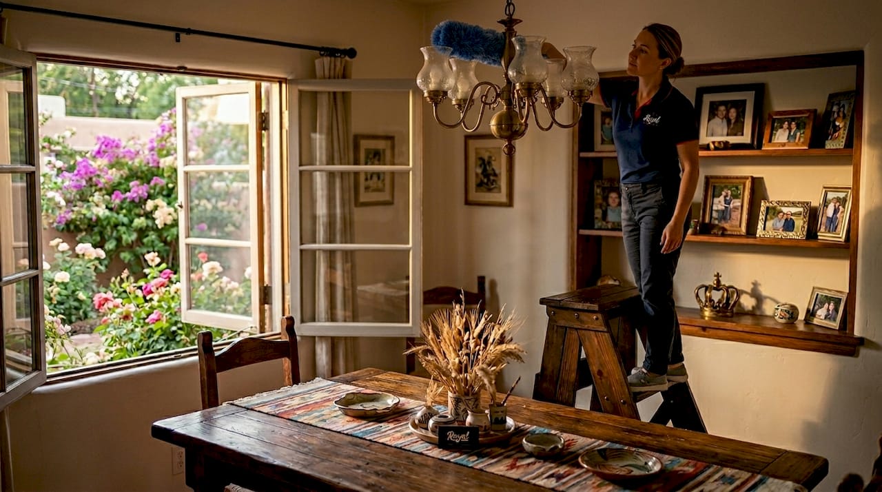 Woman dusting ceiling fan in dining room