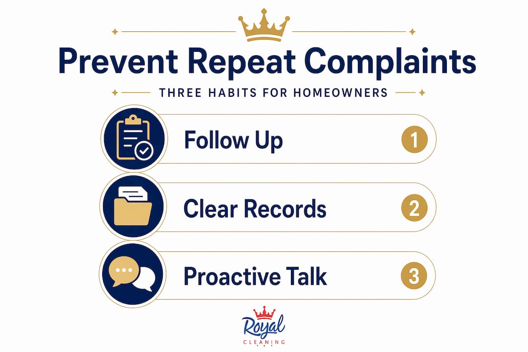 Infographic outlining three steps to prevent repeat cleaning complaints