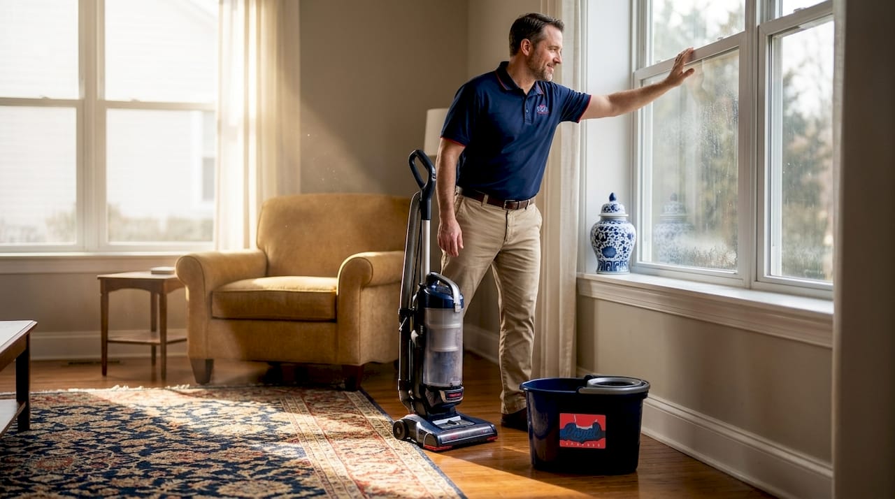 Man ventilating living room after cleaning