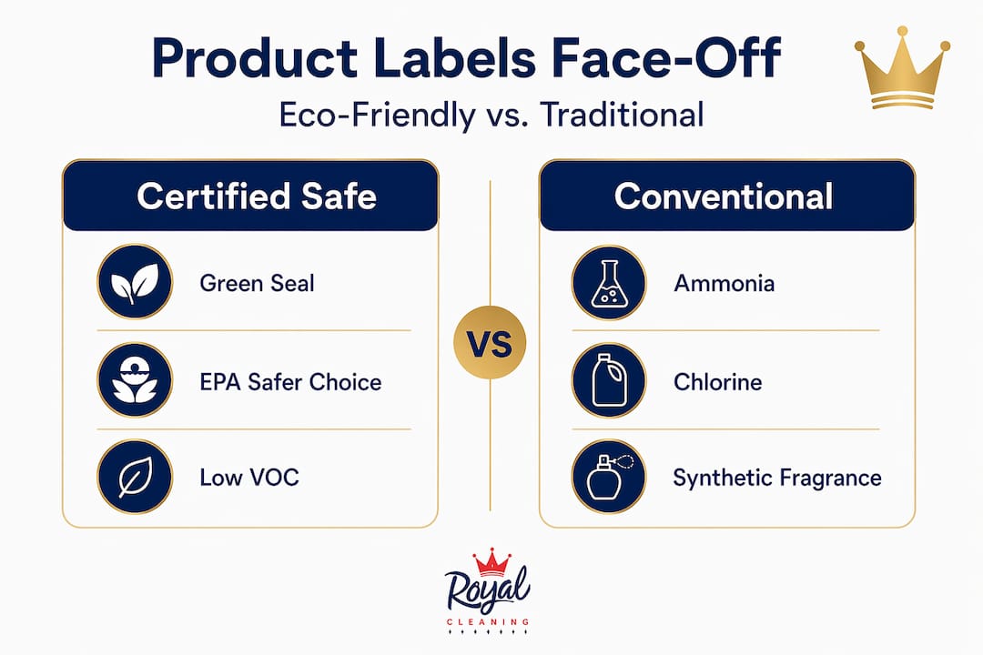 Infographic comparing eco-friendly and traditional cleaning product labels
