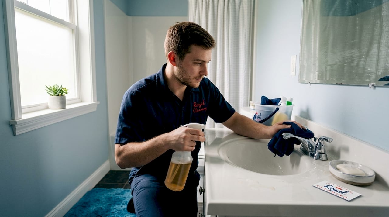 Man cleaning bathroom counter after morning