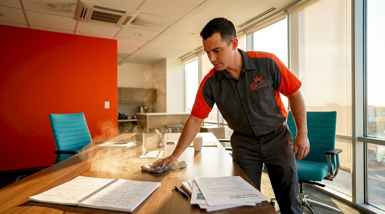 Dust motes from dry dusting in office