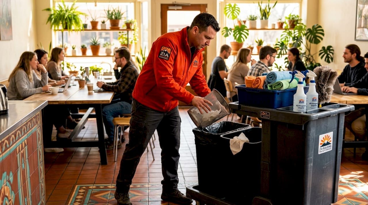 Janitor empties trash in open office workspace