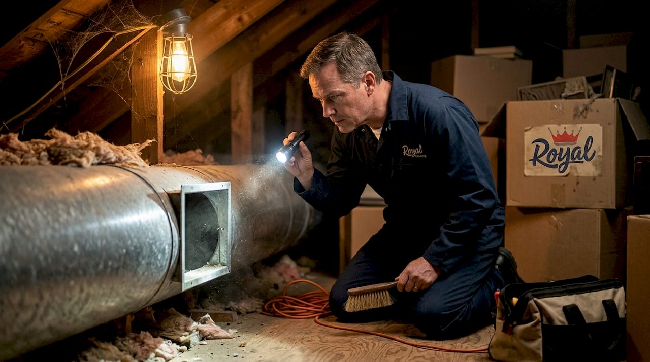 Technician inspecting attic air duct