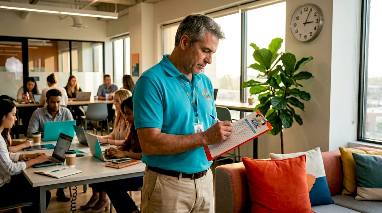 Supervisor checks office cleaning task list