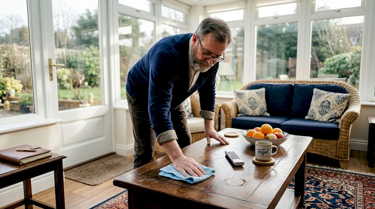 Man damp cleaning wooden coffee table