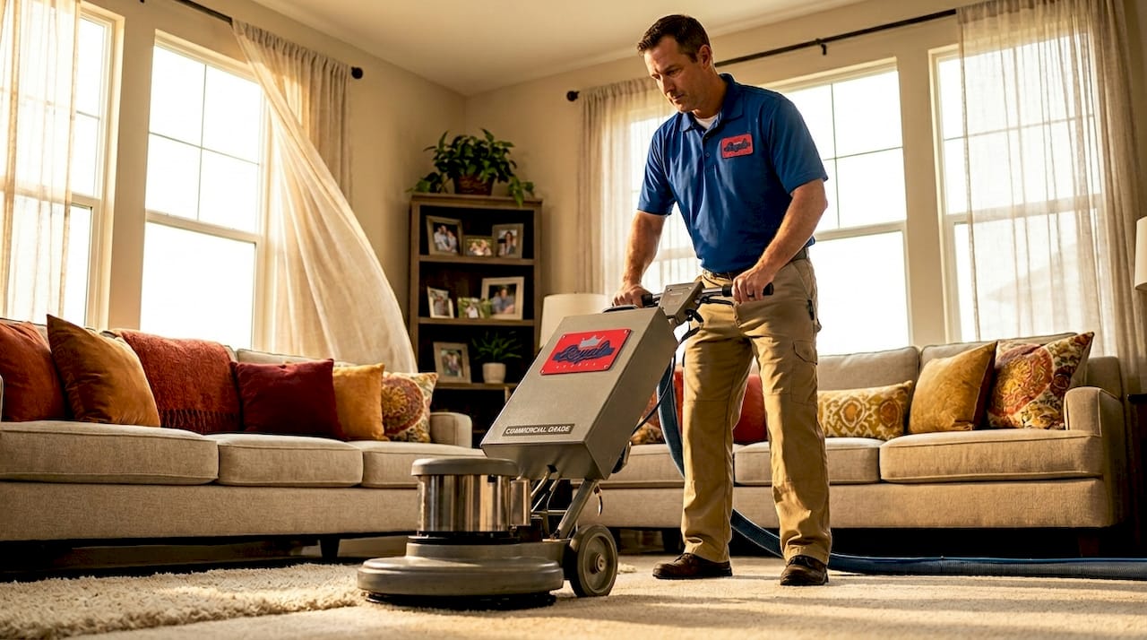 Technician deep cleans carpeted hallway