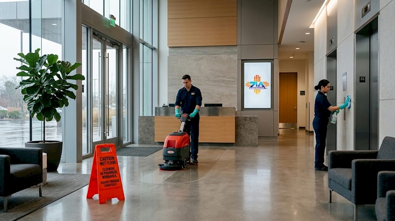 Janitors deep cleaning commercial building lobby