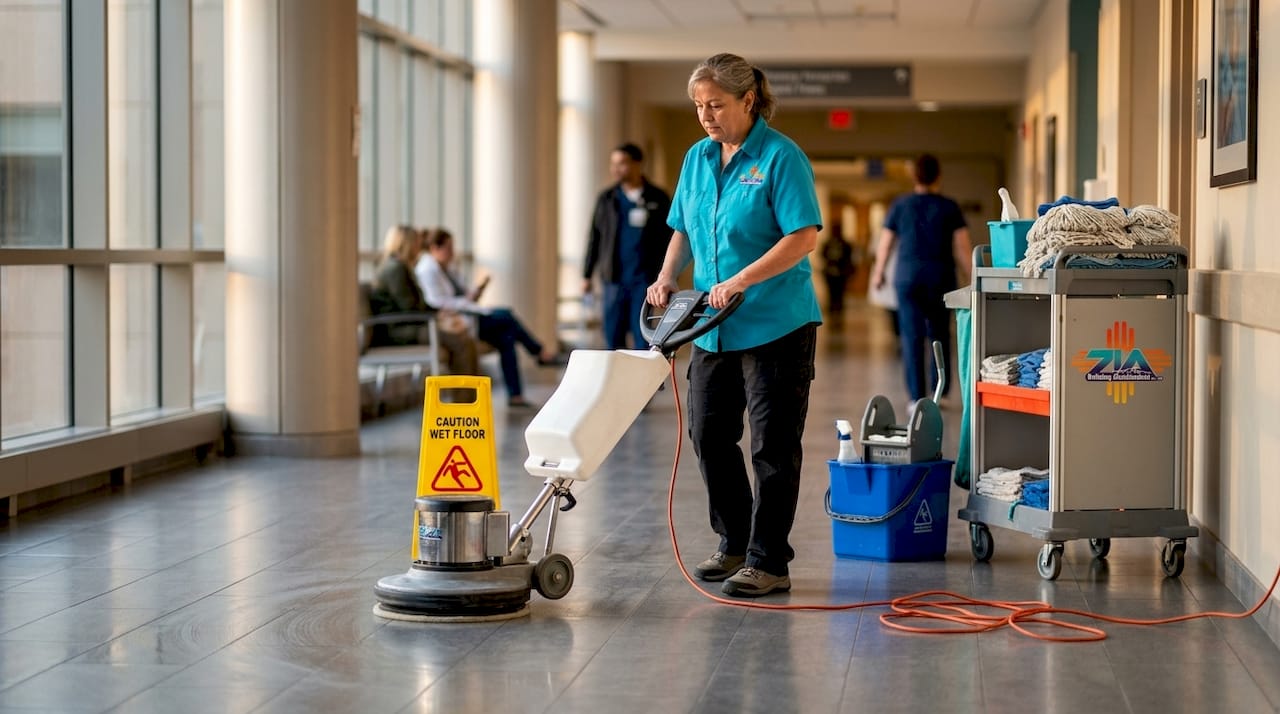 Cleaner operates floor buffer in hallway