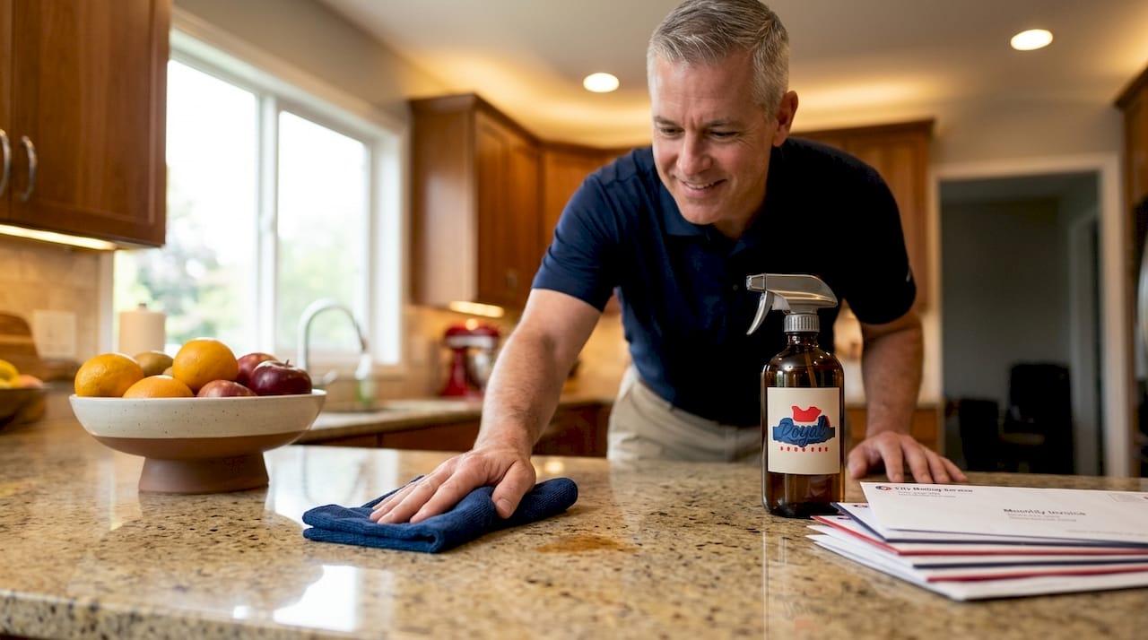 Man wiping countertop in busy kitchen