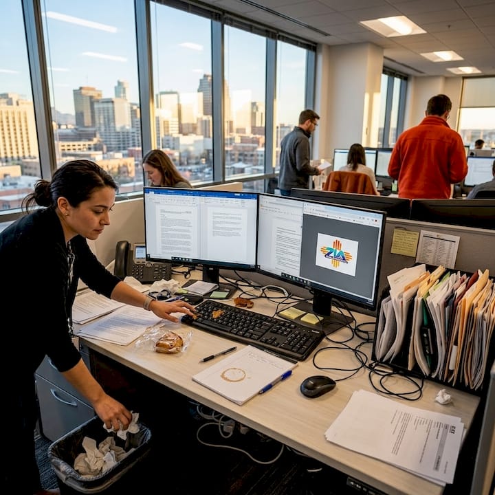 Worker stressed by messy office environment