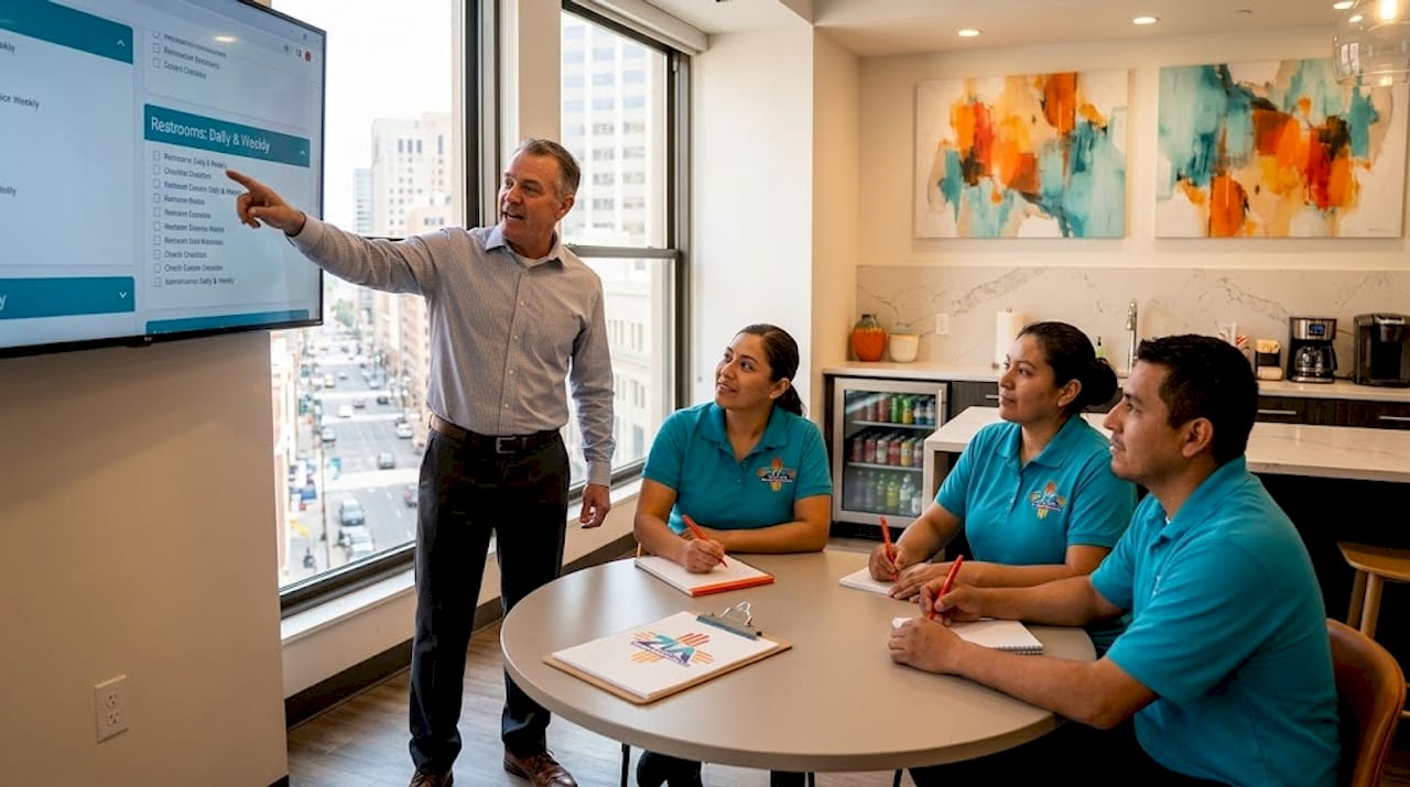 Trainer teaching cleaning staff in break room