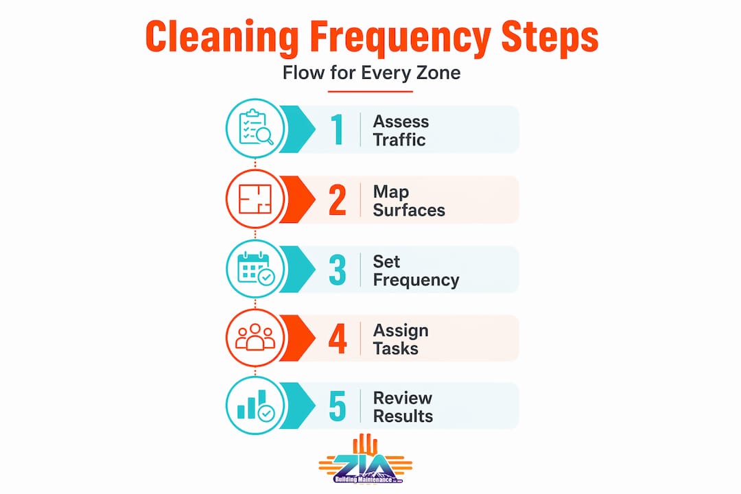 Vertical process infographic for office cleaning frequency