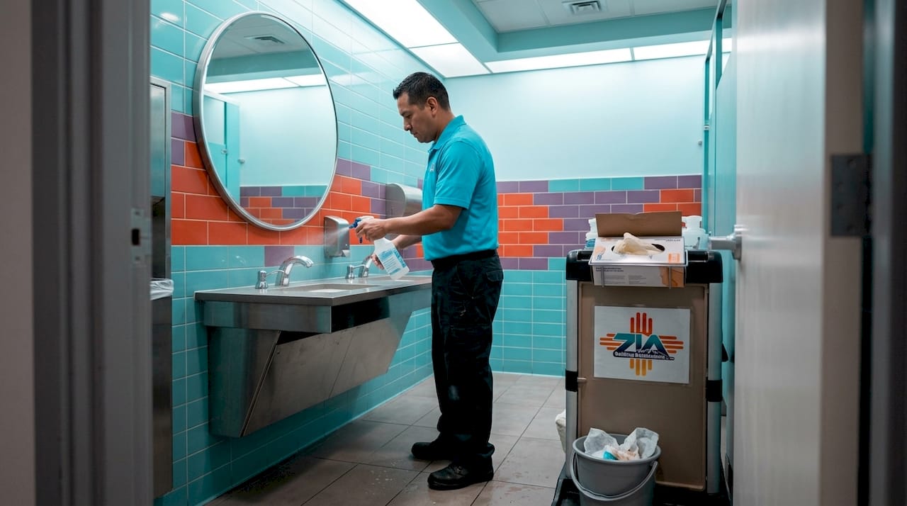 Janitor spraying disinfectant on restroom sink handles