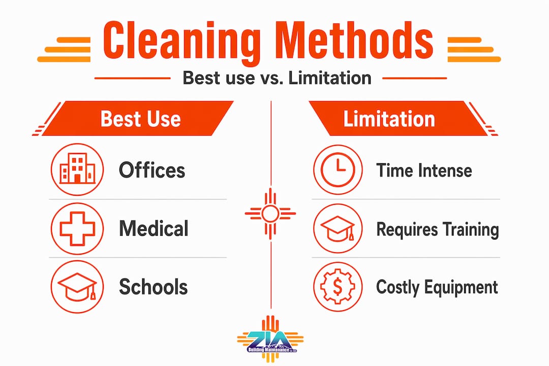 Infographic comparing cleaning methods best use and limitations