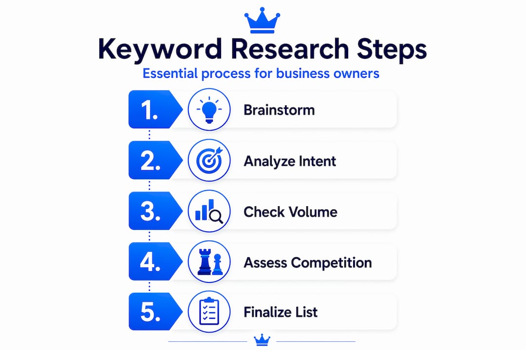 What Is Keyword Research? A Guide for Business Owners 3 Infographic Showing Five Keyword Research Steps