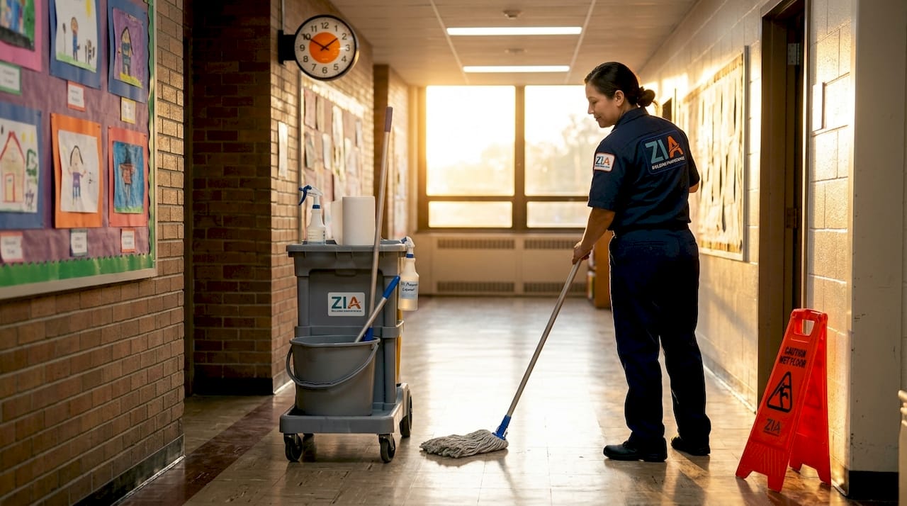 Janitor mopping school hallway after class ends