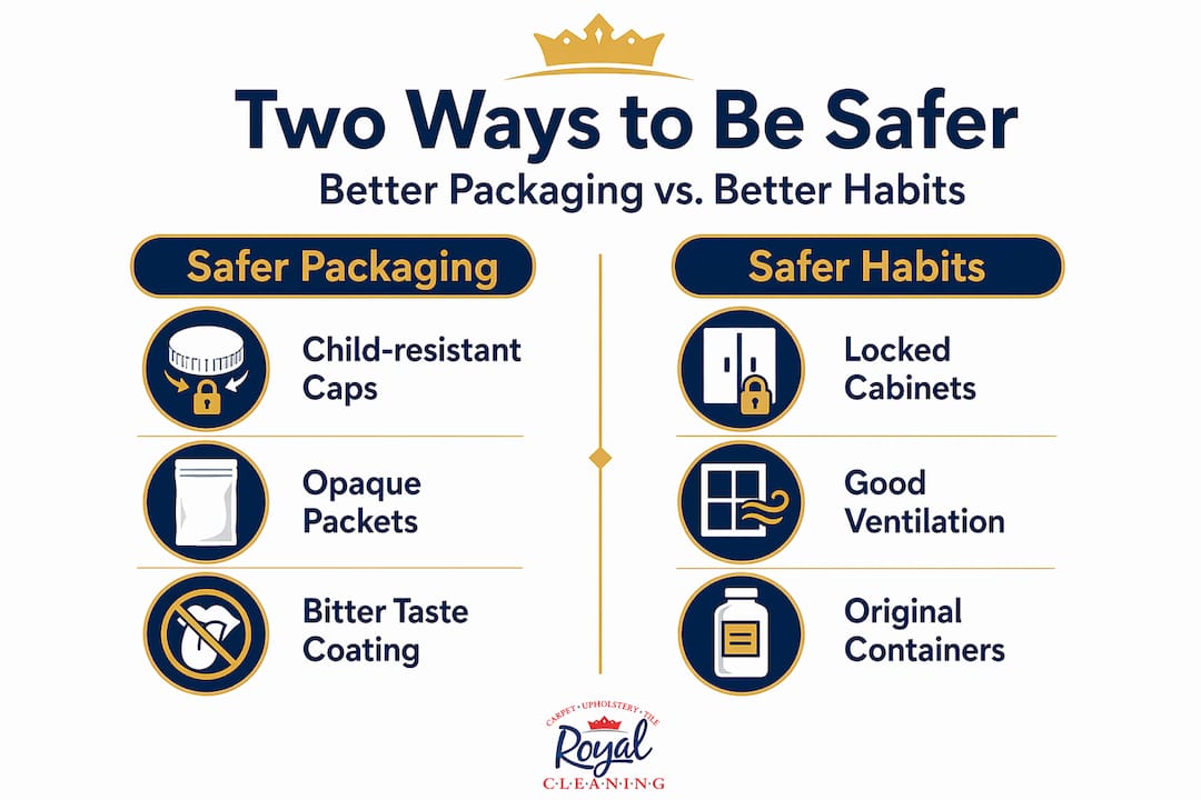 Infographic comparing safer packaging and habits for cleaning