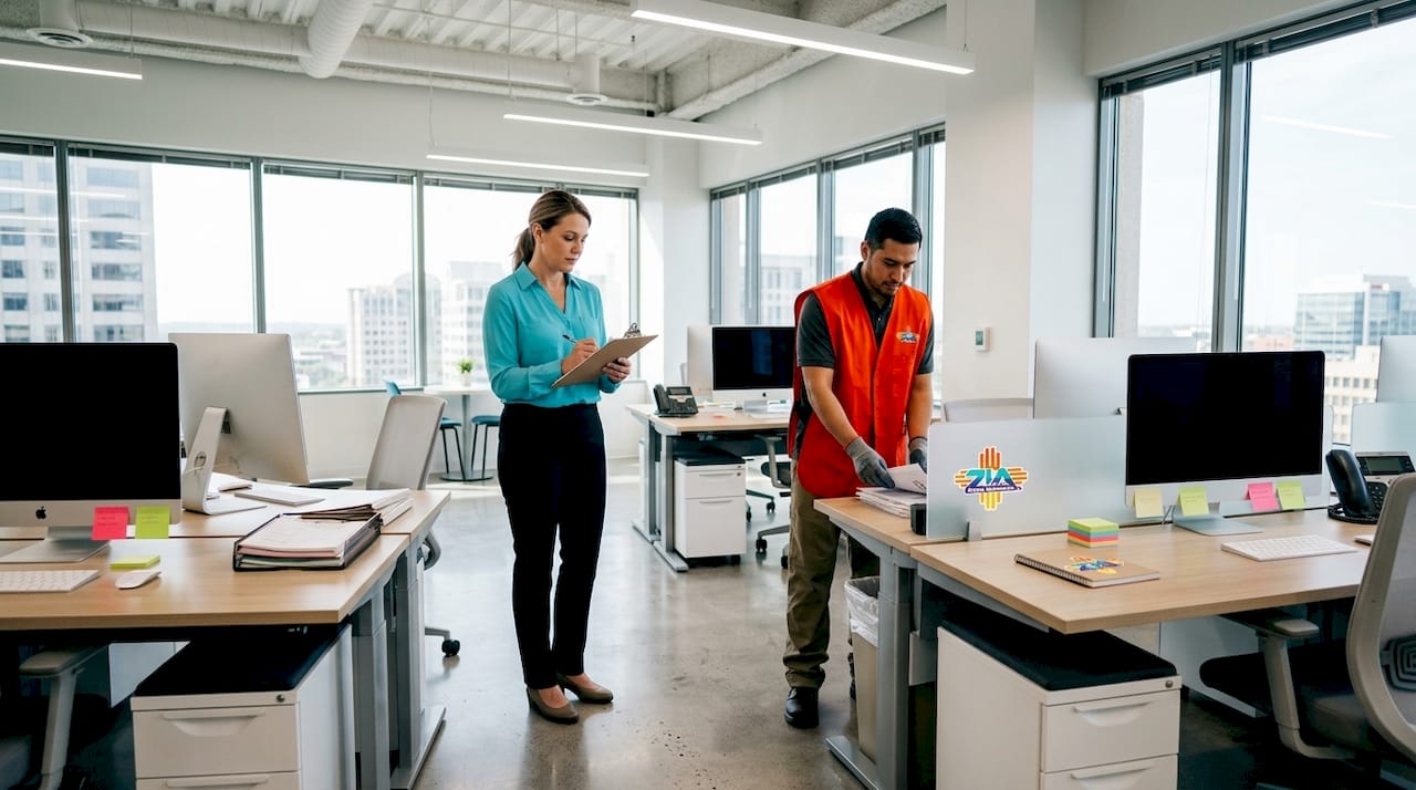 Cleaning team leader checks tasks on clipboard