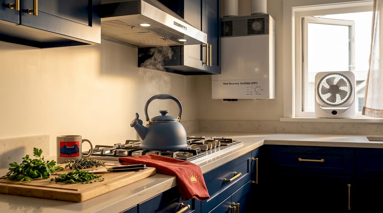 Kitchen showing natural and mechanical ventilation systems