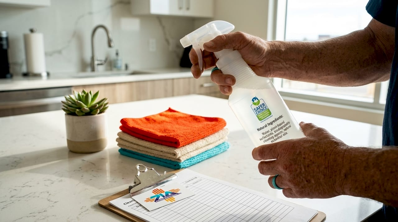 Hands holding EPA Safer Choice labeled cleaner