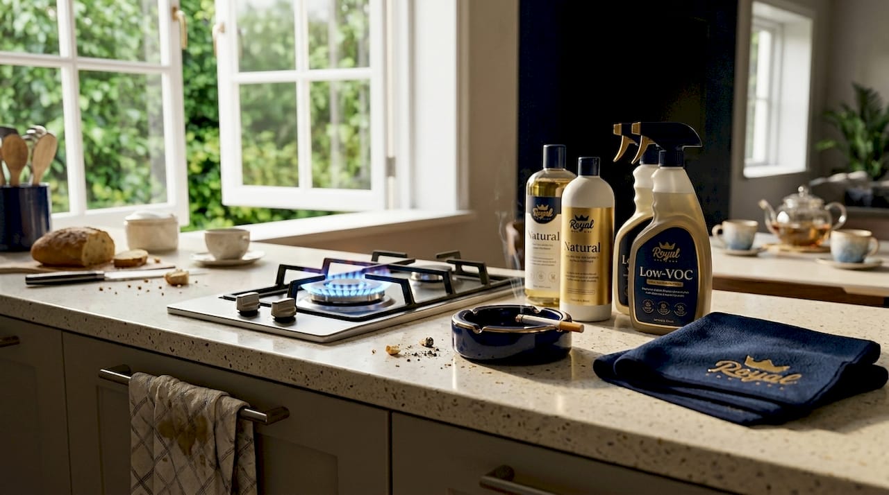 Kitchen scene with indoor air pollution sources and open window