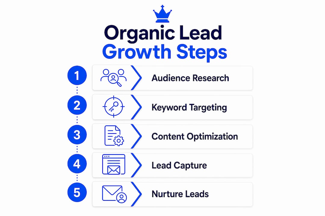 How to Boost Organic Leads for Your SMB in 2026 3 Infographic Showing Steps To Organic Lead Growth
