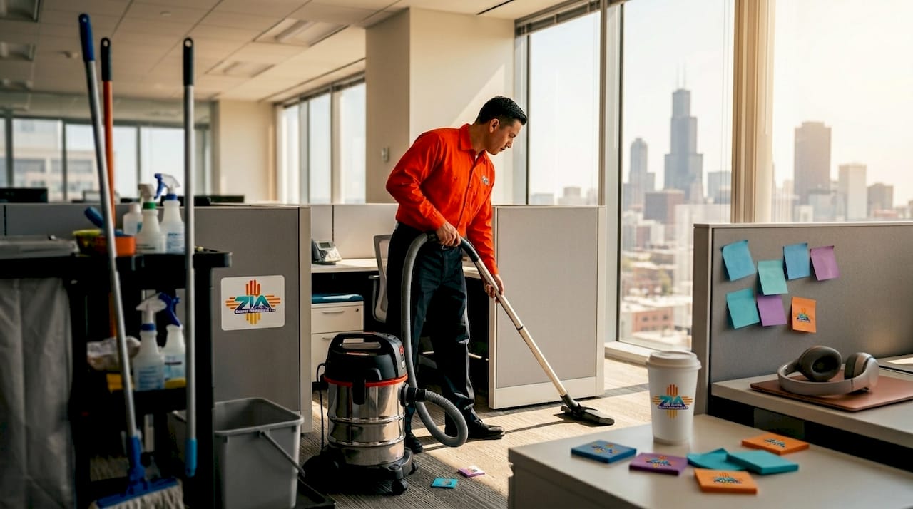 Janitor vacuuming office floor near cubicles