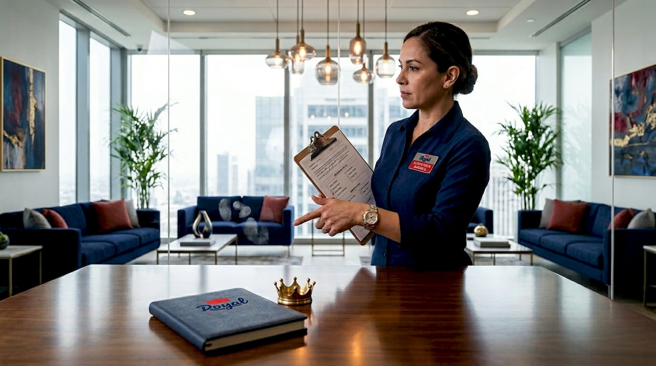 Supervisor inspecting cleaning quality with feedback clipboard