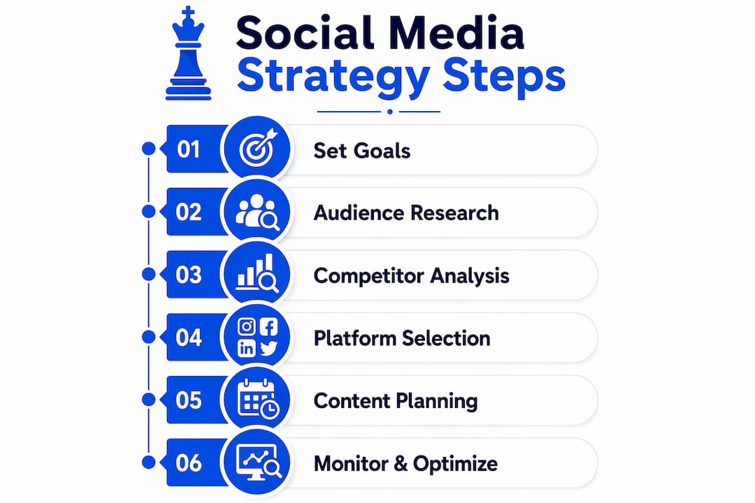 Social Media Strategy Step by Step for SMBs 3 Infographic Illustrating Social Media Strategy Steps