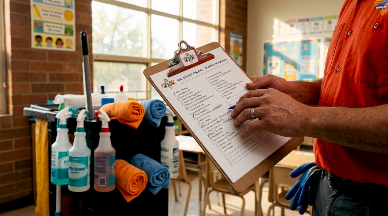 Janitor holding school cleaning daily checklist with cart