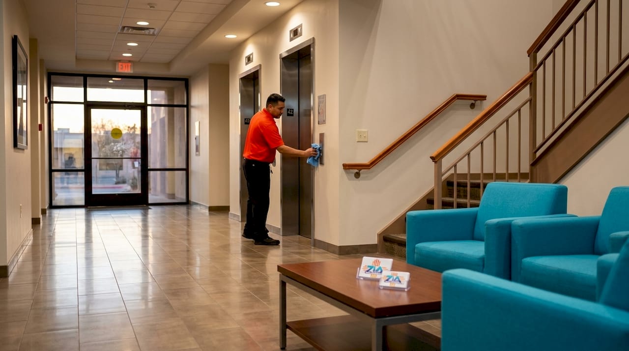 Janitorial worker dusting elevator buttons in corridor