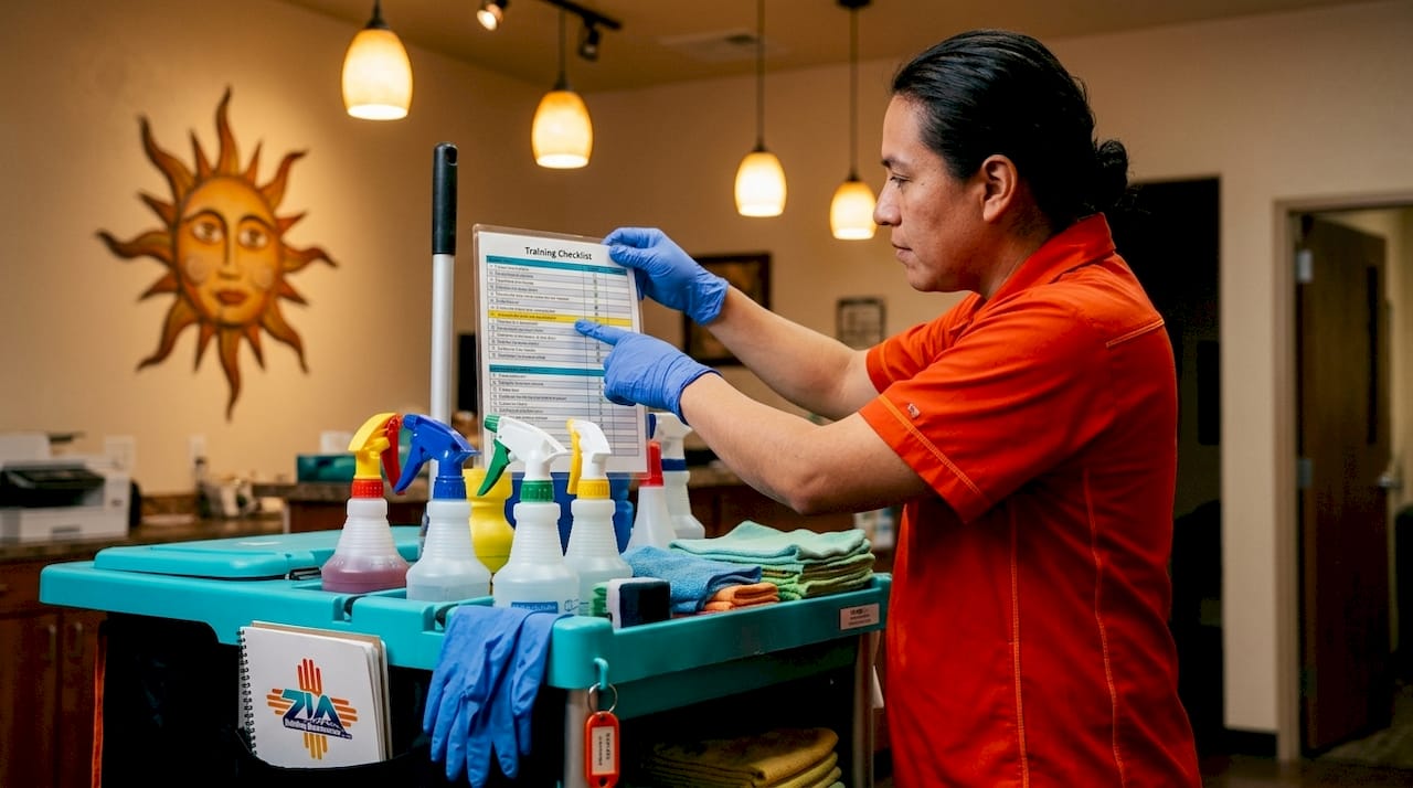 Hands showing janitorial training checklist and supplies