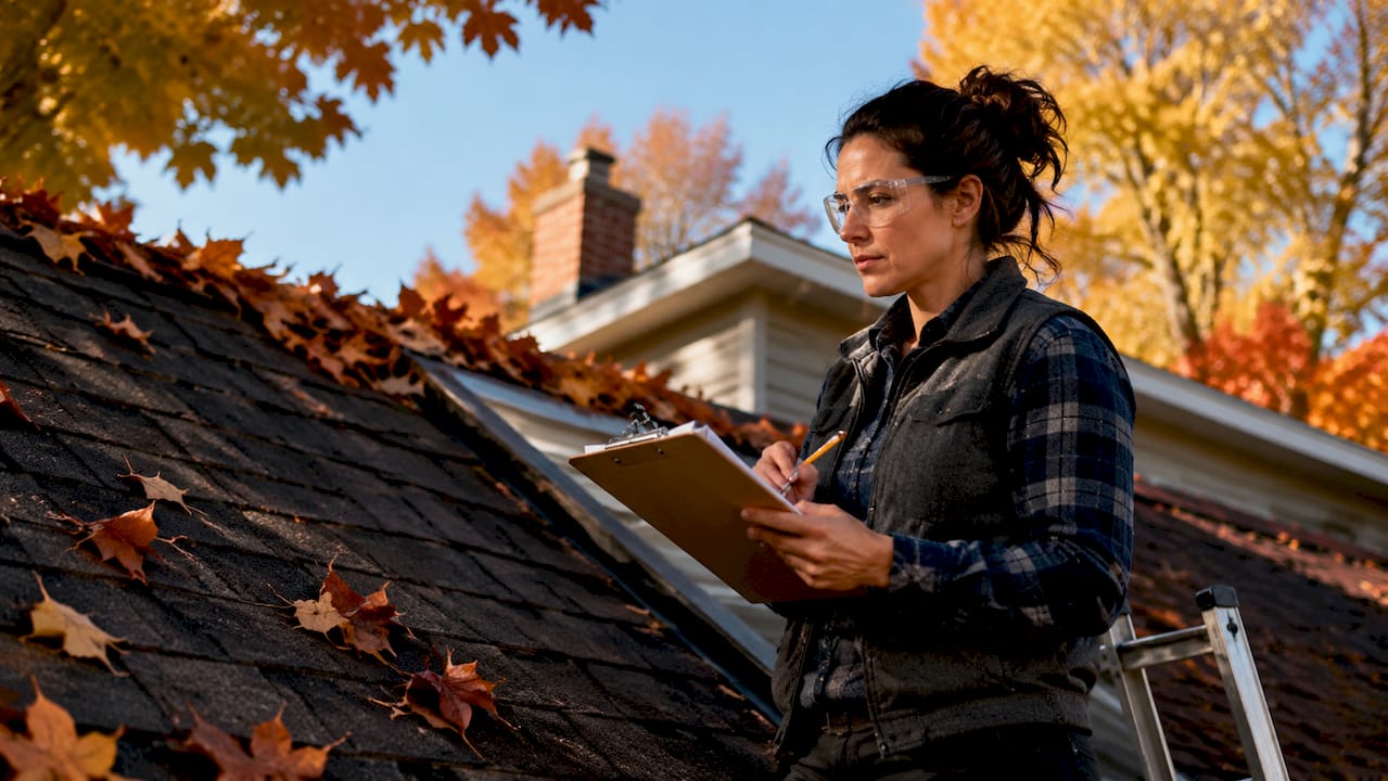 Roofing contractor inspecting roof and gutters in fall