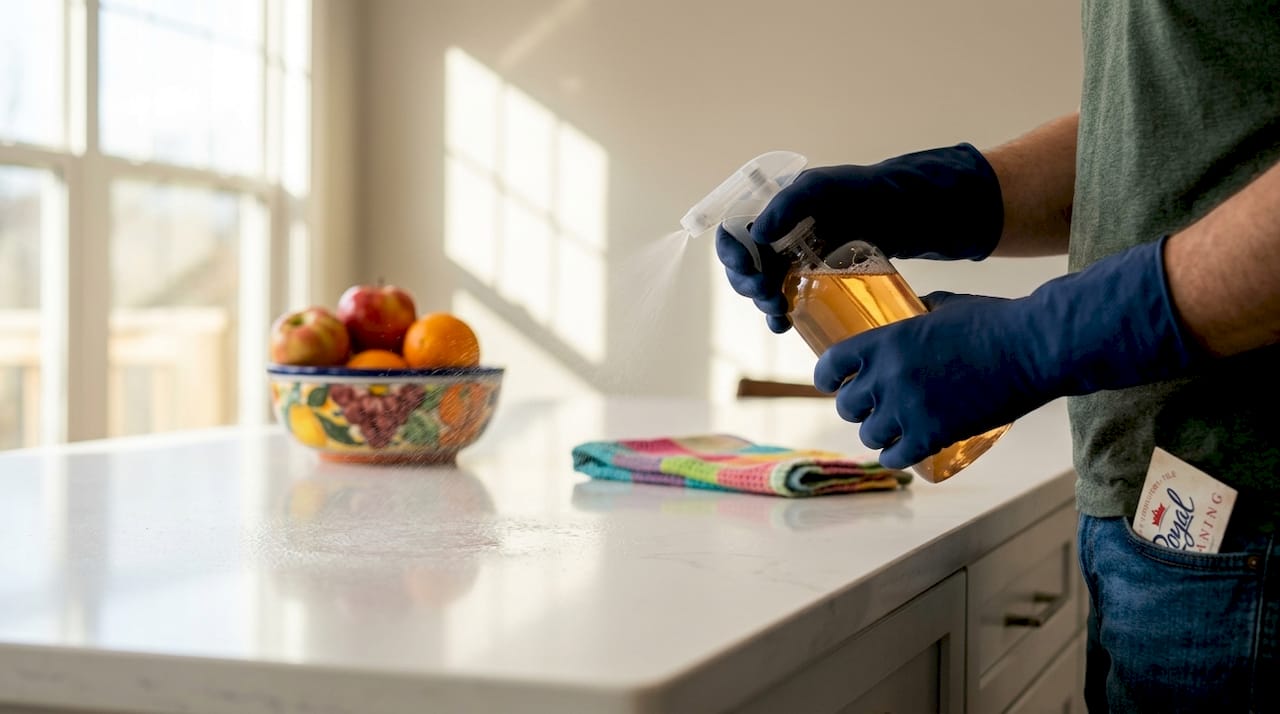 Hands spraying cleaner onto kitchen countertop surface