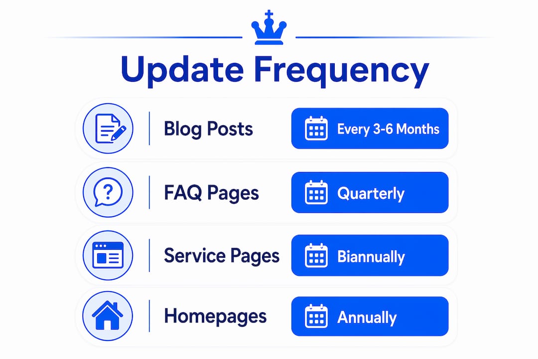 Why Update Website Content: SMB Guide for 2026 3 Infographic Showing Website Content Update Frequencies