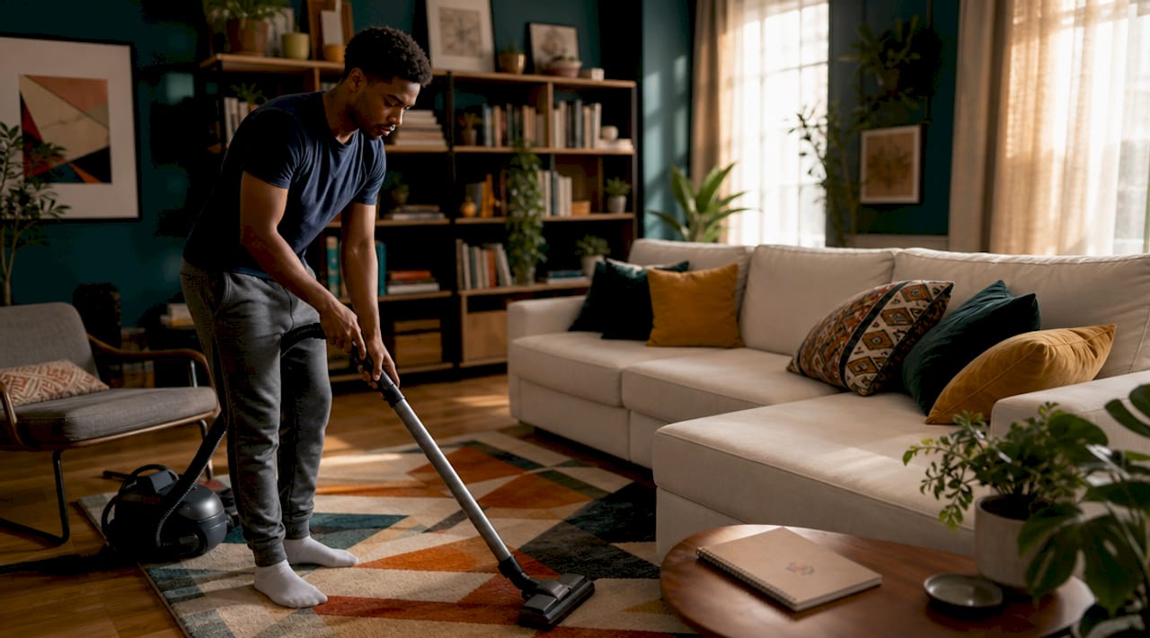 Man vacuuming tidy living room