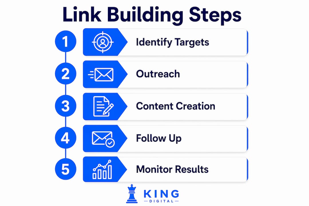 What Is Link Building? A Practical Guide for SMBs 2 Infographic Showing Five Key Link Building Steps