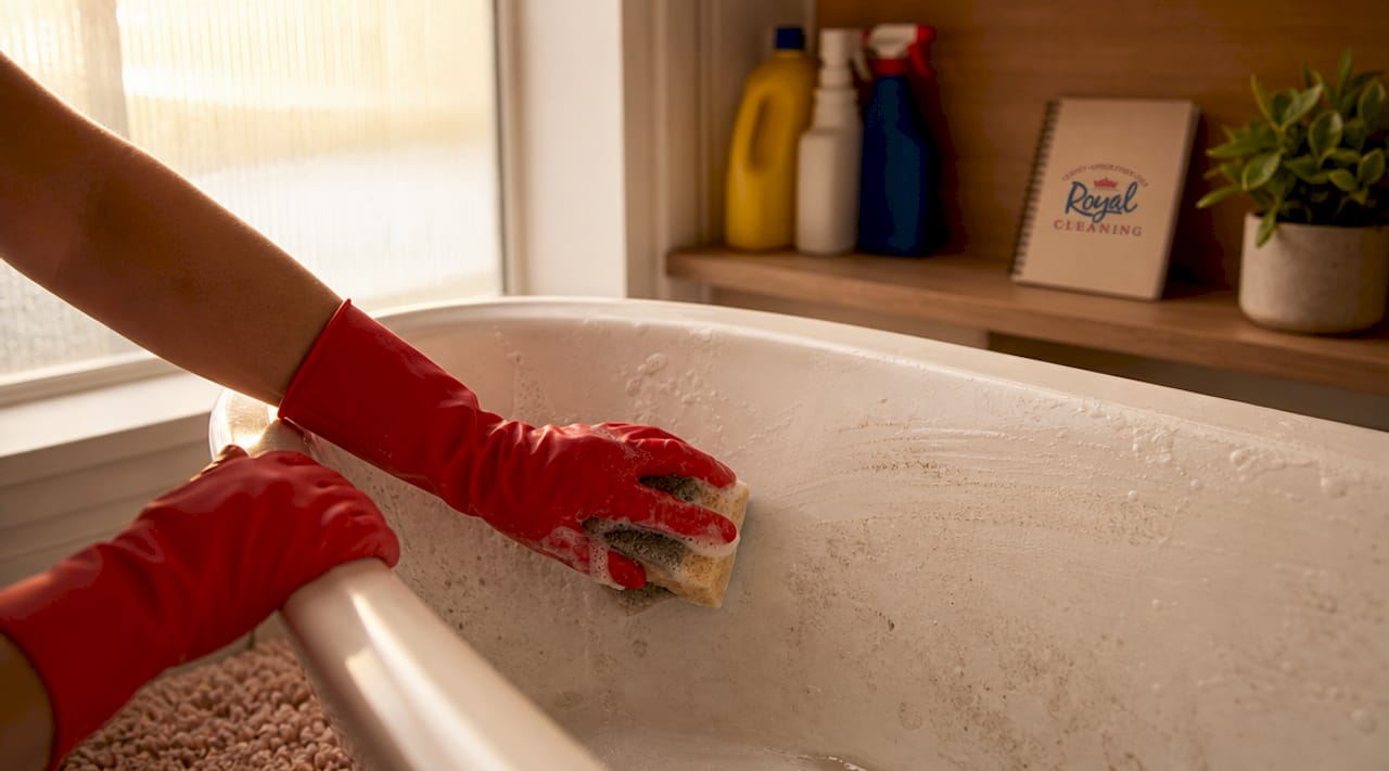 Gloved hands cleaning bathroom sink