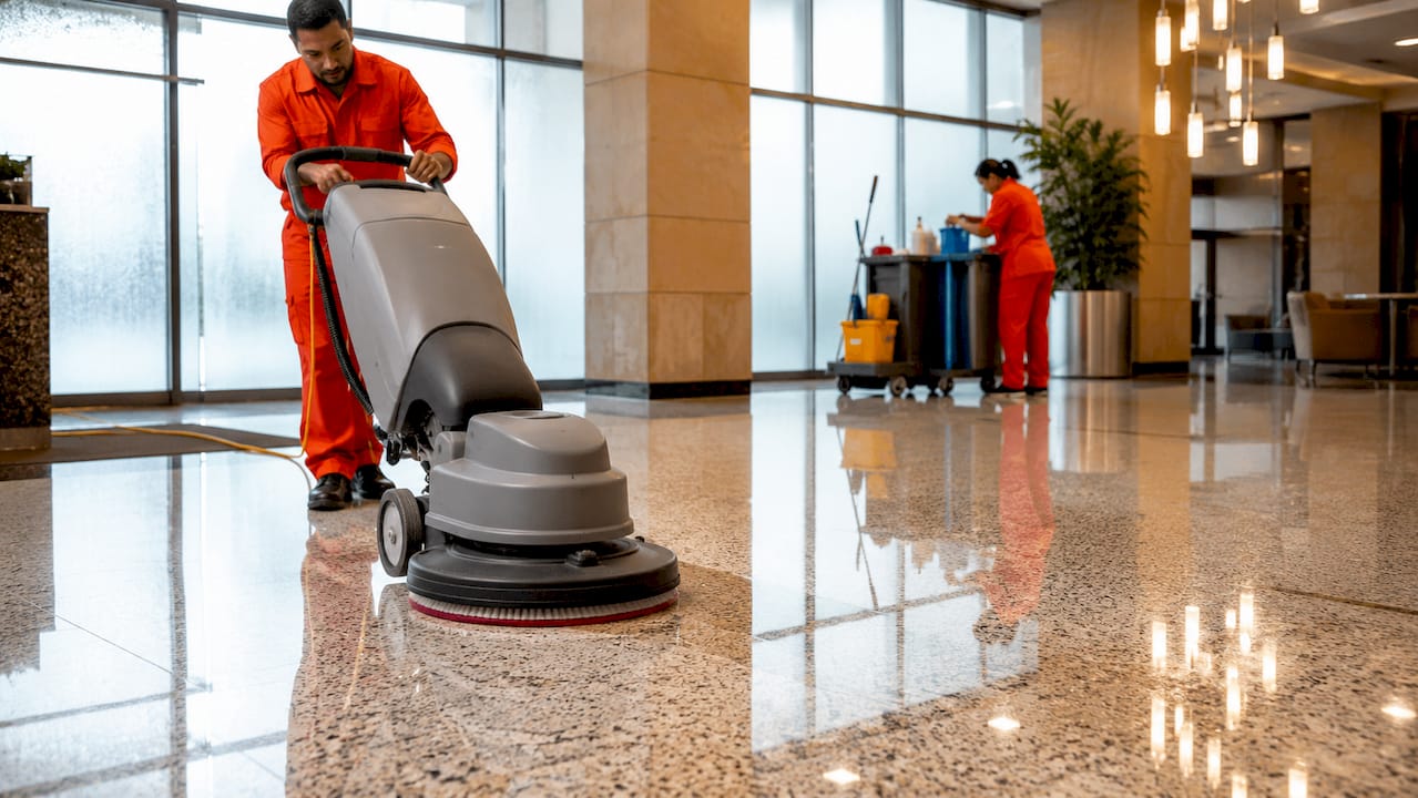 Janitorial floor-cleaning machine in lobby
