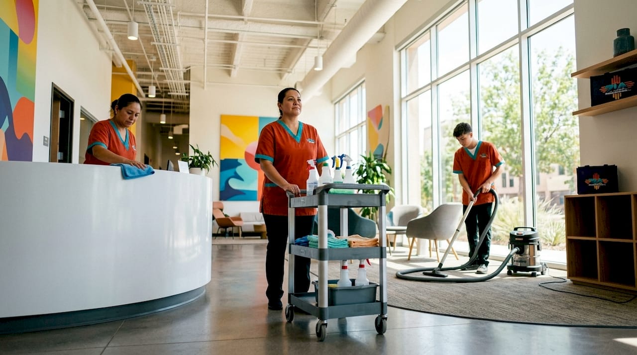 Janitorial team doing routine cleaning in office corridor
