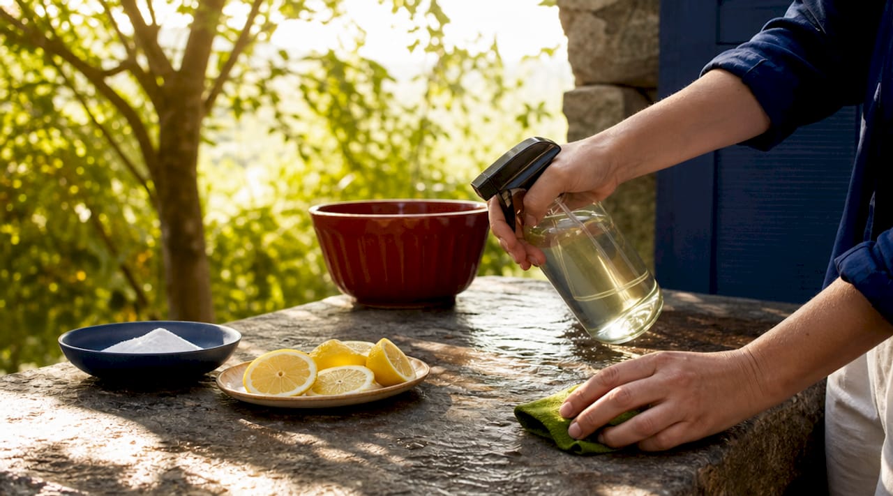 Hands holding reusable eco cleaning spray bottle