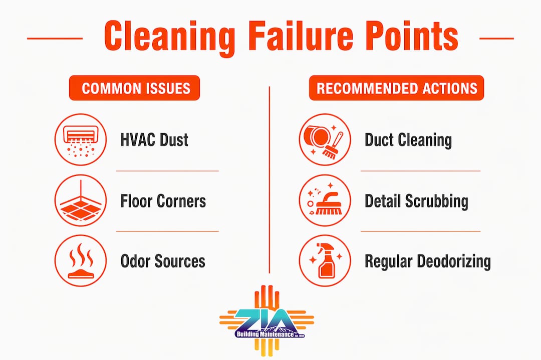 Infographic comparing cleaning failure points with solutions