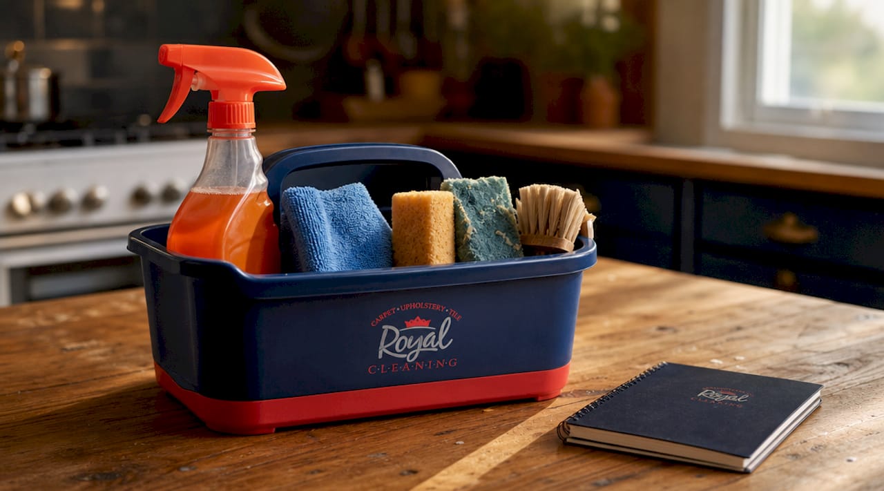 Cleaning supplies caddy on kitchen counter