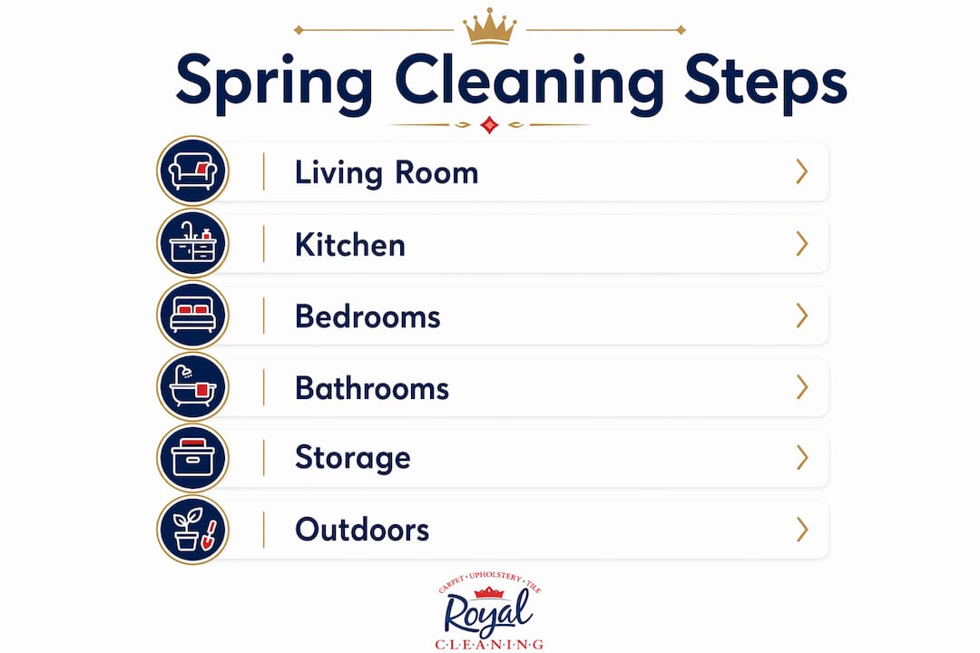 Infographic listing room-by-room cleaning steps