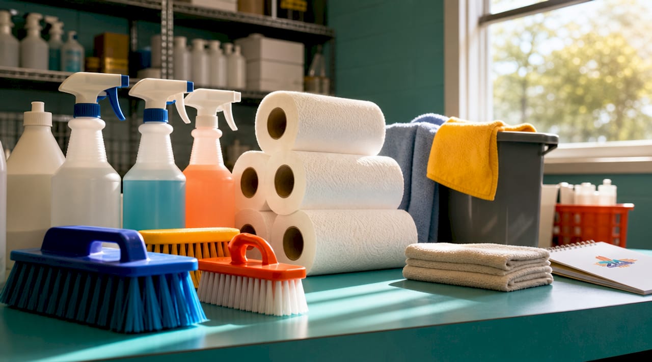 Close-up of janitorial supply categories on bench