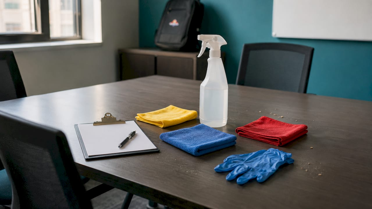 Overhead of office cleaning tools and checklist