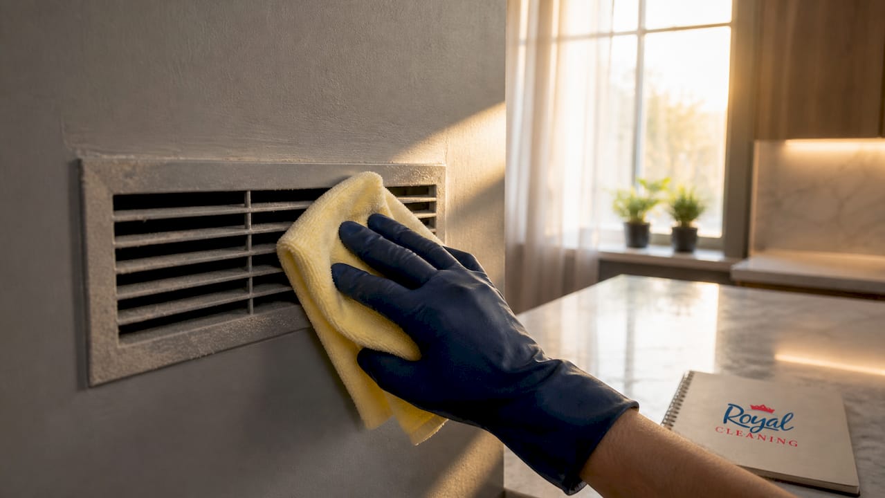 Hand cleaning dusty indoor HVAC vent