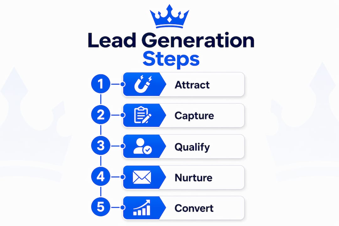 Step by Step Lead Generation for SMBs: 2026 Guide 2 Vertical Flow Infographic Of Lead Generation Steps